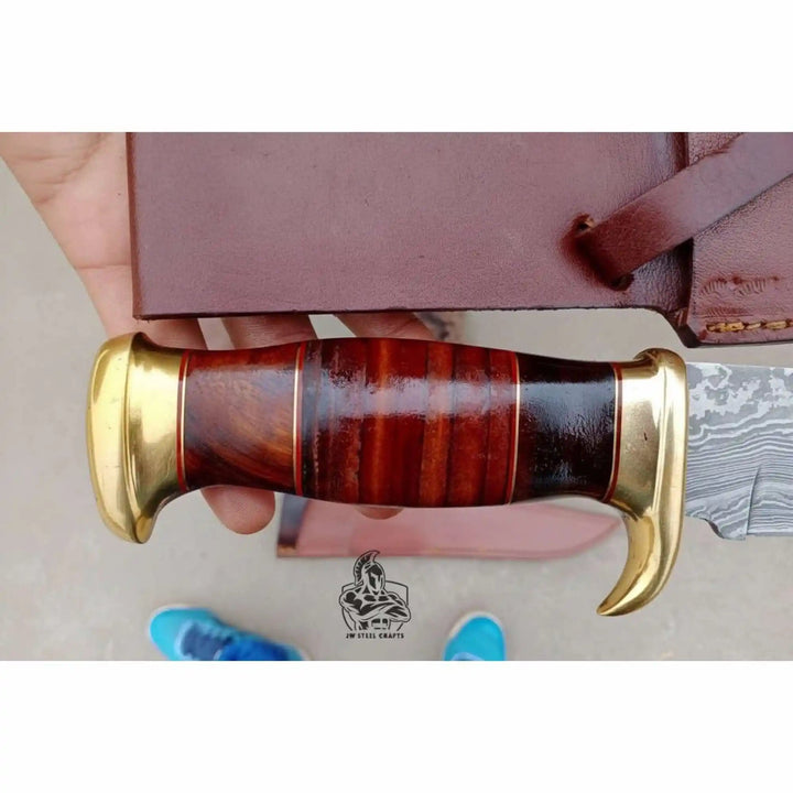 Sheffield Clip Point Bowie Knife Handmade Damascus Steel Blade Brass Guard Leather Sheath JW SteelCrafts handmade Clip Point Bowie Knives by JW SteelCrafts