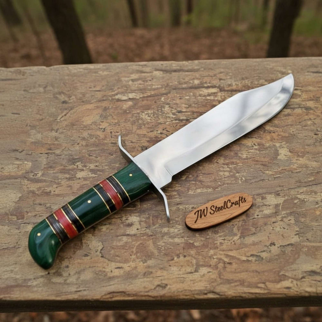 Sheffield Clip Point Bowie Knife Mirror Polish Steel with S Guard and Stacked Handle handmade Bowie Knives by JW SteelCrafts