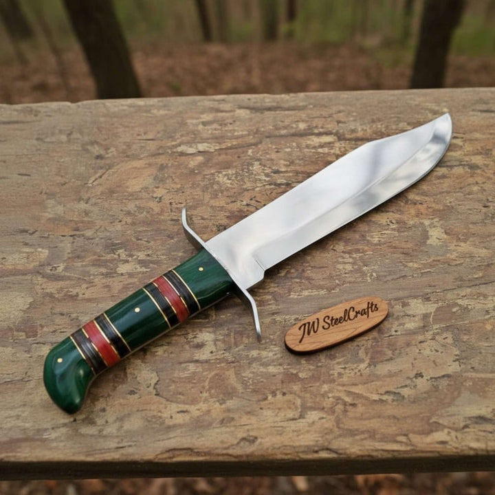 Sheffield Clip Point Bowie Knife Mirror Polish Steel with S Guard and Stacked Handle handmade Bowie Knives by JW SteelCrafts