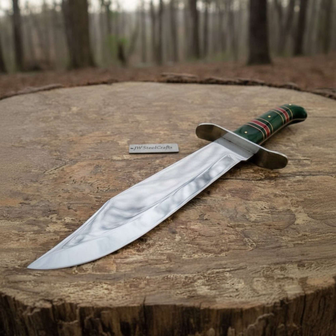 Sheffield Clip Point Bowie Knife Mirror Polish Steel with S Guard and Stacked Handle handmade Bowie Knives by JW SteelCrafts