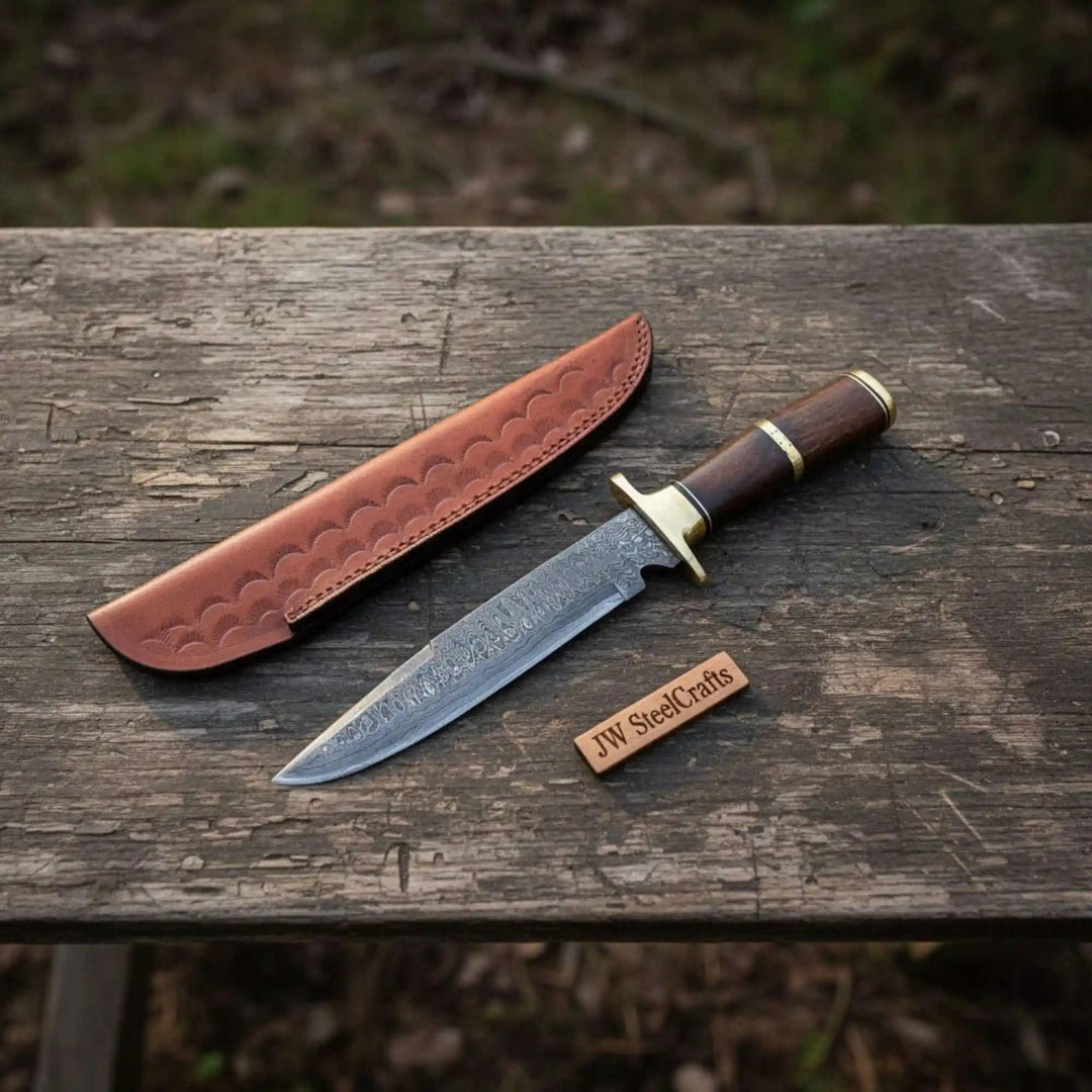 Sheffield Clip Point Damascus Bowie Knife with Hardwood Handle and Brass Guard – Handmade Fixed Blade JW SteelCrafts handmade Clip Point Bowie Knives by JW SteelCrafts