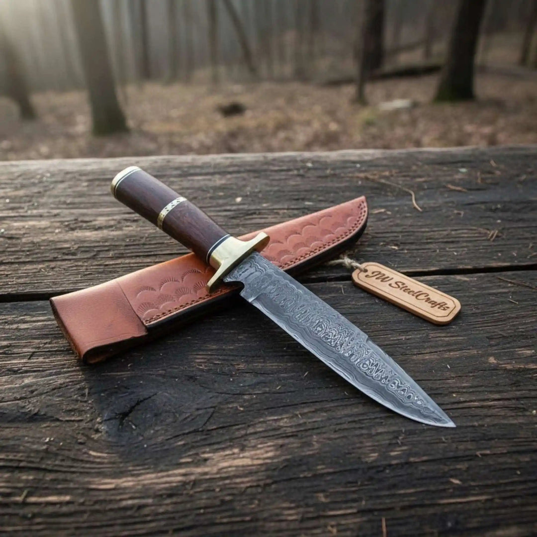Sheffield Clip Point Damascus Bowie Knife with Hardwood Handle and Brass Guard – Handmade Fixed Blade JW SteelCrafts handmade Clip Point Bowie Knives by JW SteelCrafts