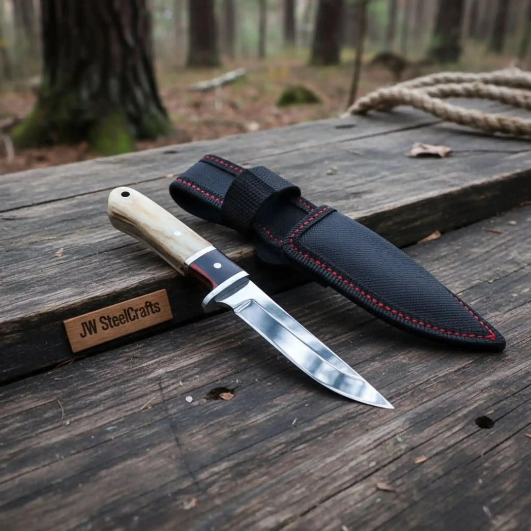 Small polished dagger knife by JW SteelCrafts with bone handle, silver guard, black sheath, and rustic woodland display.