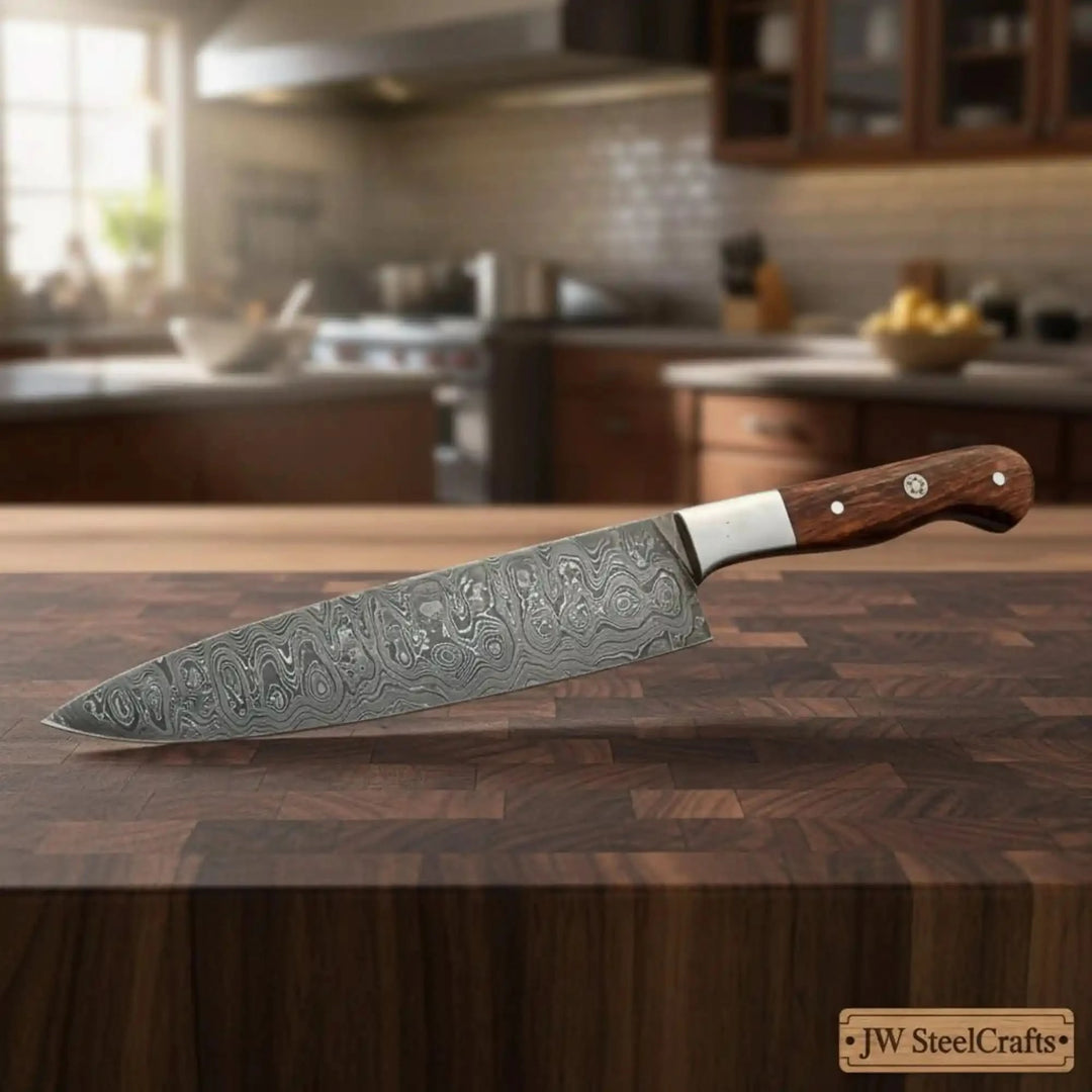 Featured wood handle Damascus kitchen blade resting in a warm kitchen setting