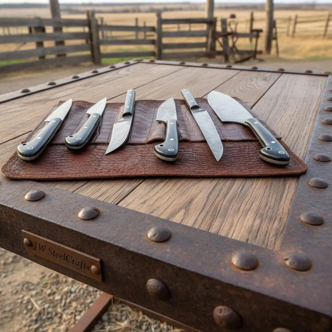 Modern chef cutlery resting on crocodile texture leather with rustic ranch workshop environment in background.