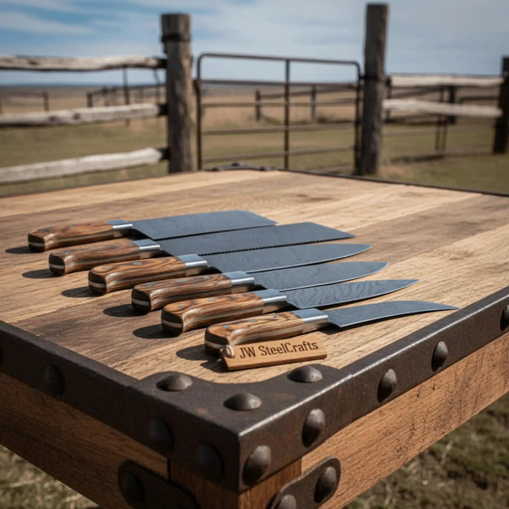 Five piece chef and utility knife collection arranged in descending blade sizes with balanced horizontal composition.