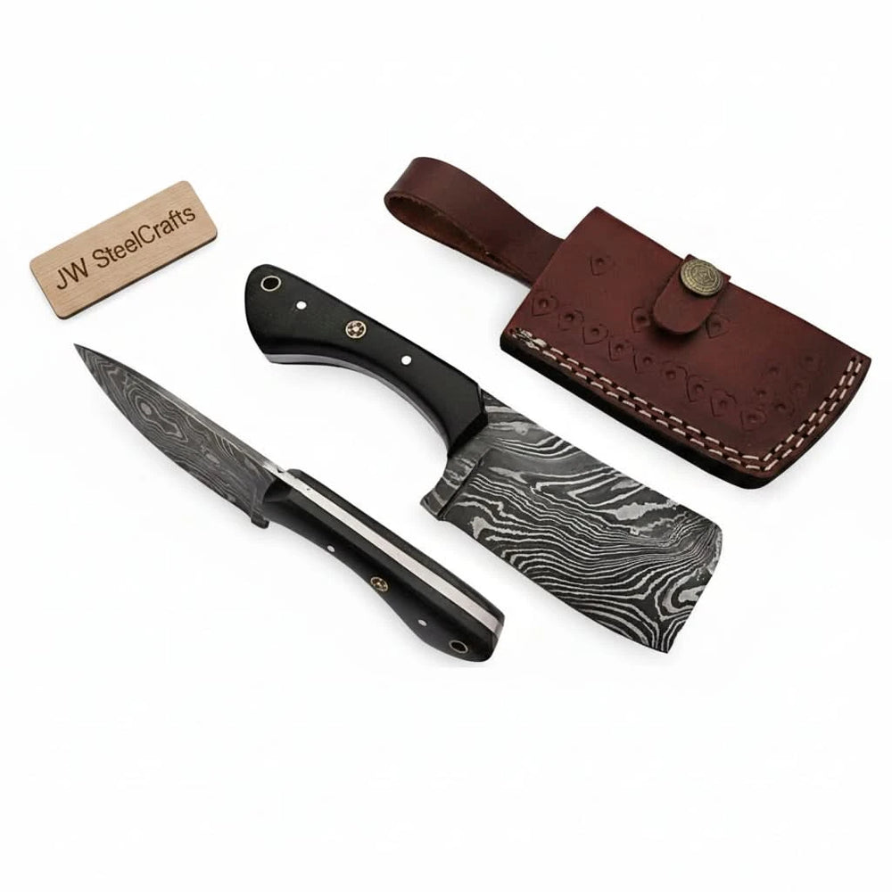 Rugged kitchen chopper with leather sheath and high contrast patterned steel blade