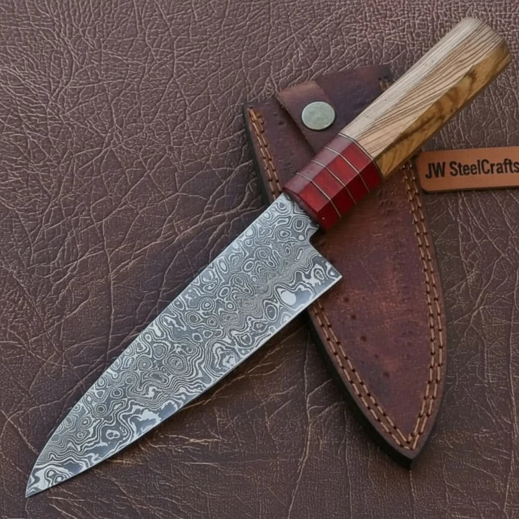 Luxury Damascus knife on leather background with stitched sheath and polished wood handle