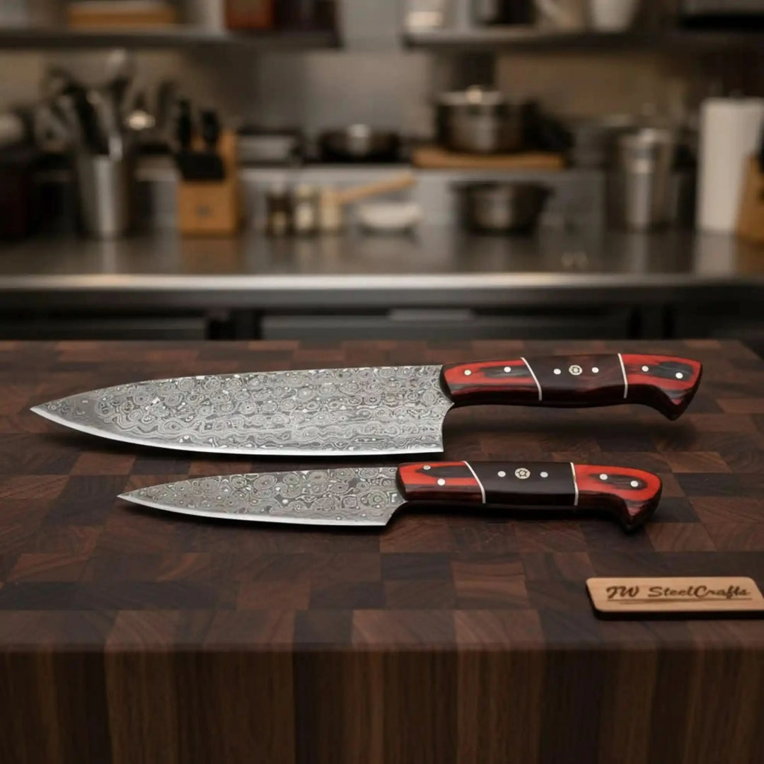 Layered steel redwood cooking knives shown on a dark wooden cutting board