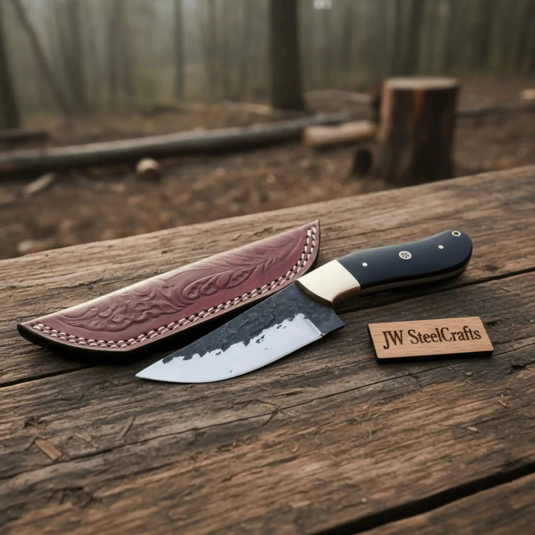 Forest table handmade skinner knife display featuring a dark handle, polished blade, and tooled leather sheath.