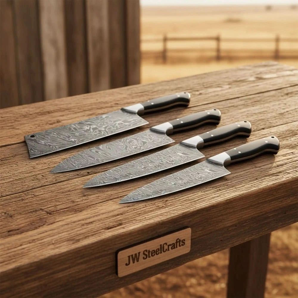 Cleaver and chef knife collection featuring layered steel blade patterns and dark grips.