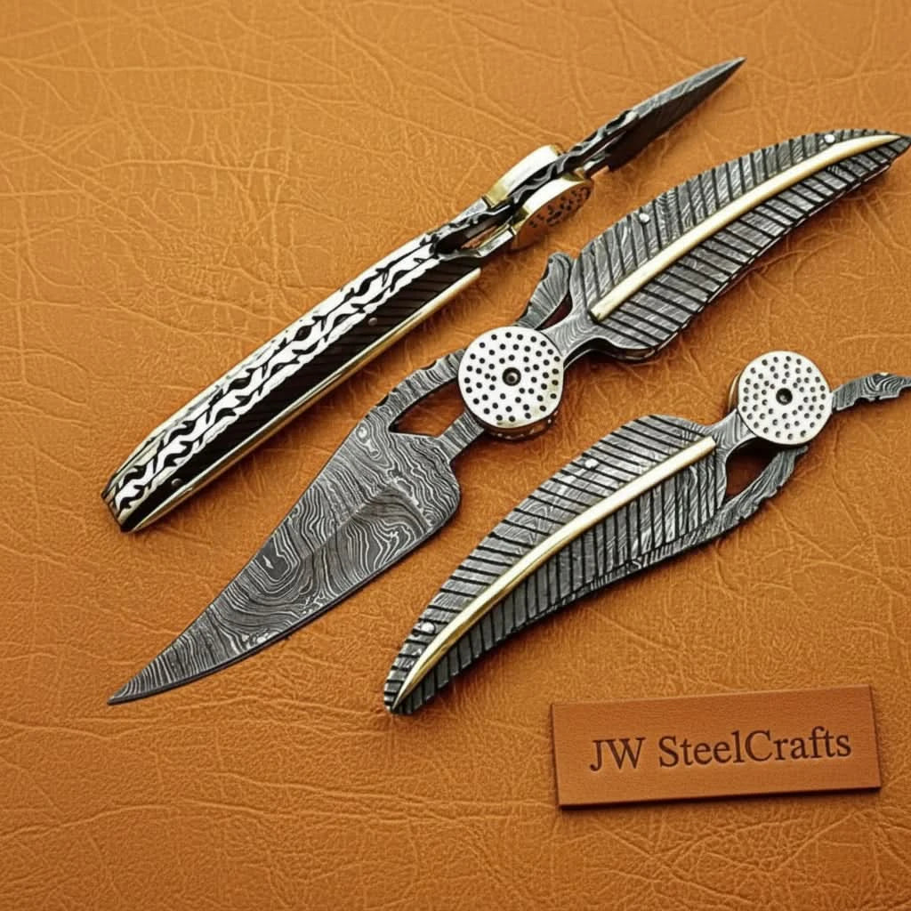     Luxury Damascus folding knife featuring engraved style handle textures and polished steel finish