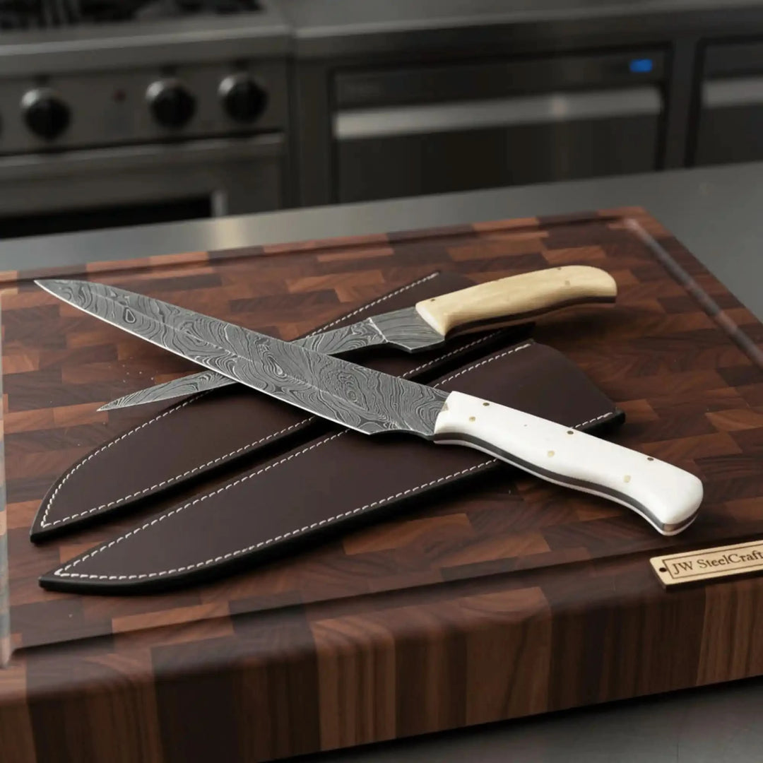     Resting atop leather sheaths, the Damascus blades emphasize layered steel craftsmanship.