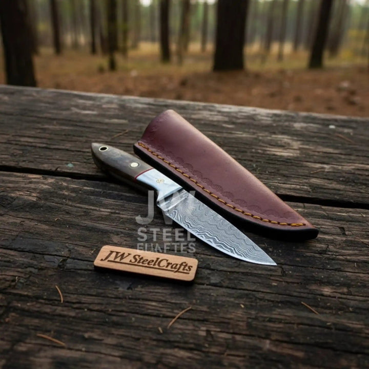 Small Damascus Utility Knife – Rosewood Handle With Leather Sheath handmade Skinner Knife by JW SteelCrafts