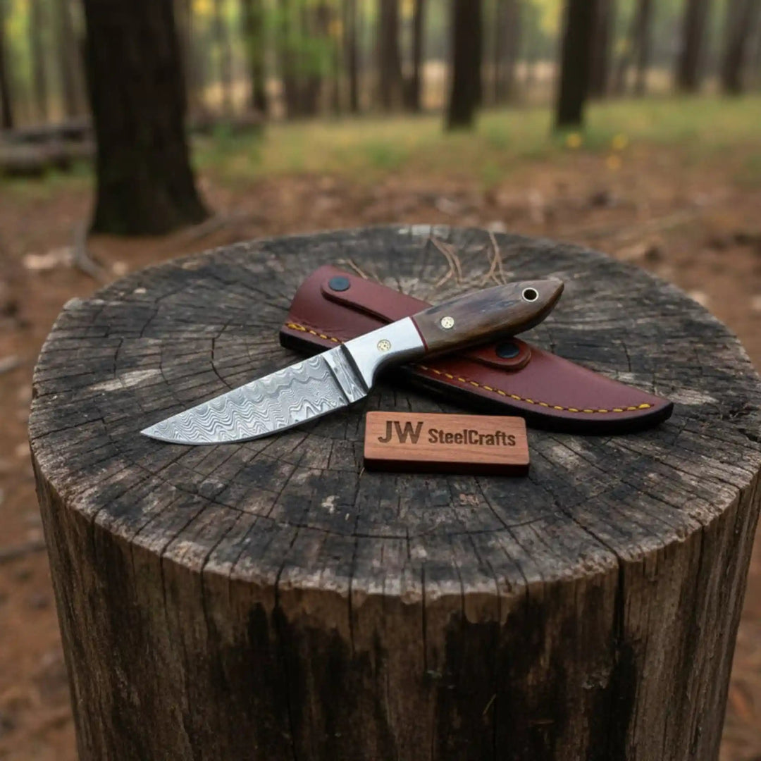 Small Damascus Utility Knife – Rosewood Handle With Leather Sheath handmade Skinner Knife by JW SteelCrafts