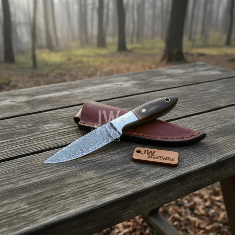 Small Damascus Utility Knife – Rosewood Handle With Leather Sheath handmade Skinner Knife by JW SteelCrafts