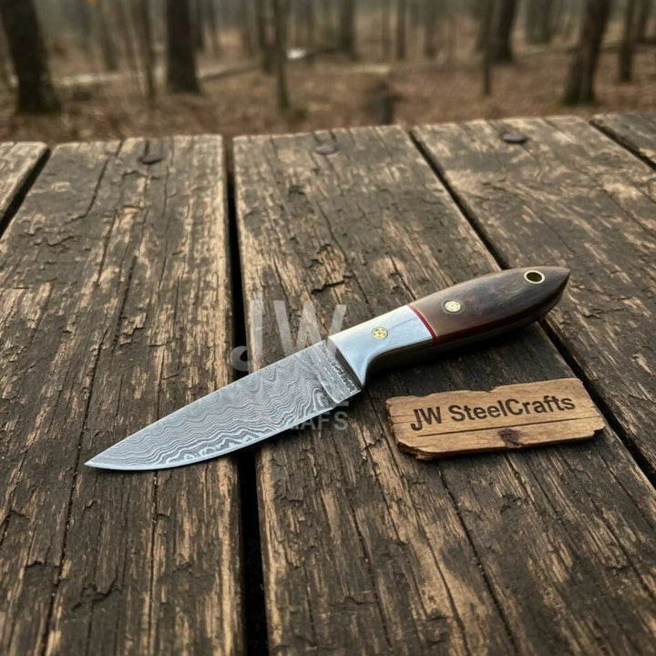 Small Damascus Utility Knife – Rosewood Handle With Leather Sheath handmade Skinner Knife by JW SteelCrafts