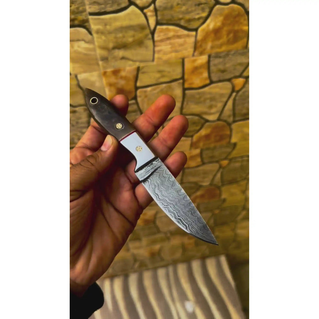 Small Damascus Utility Knife – Rosewood Handle With Leather Sheath handmade Skinner Knife by JW SteelCrafts
