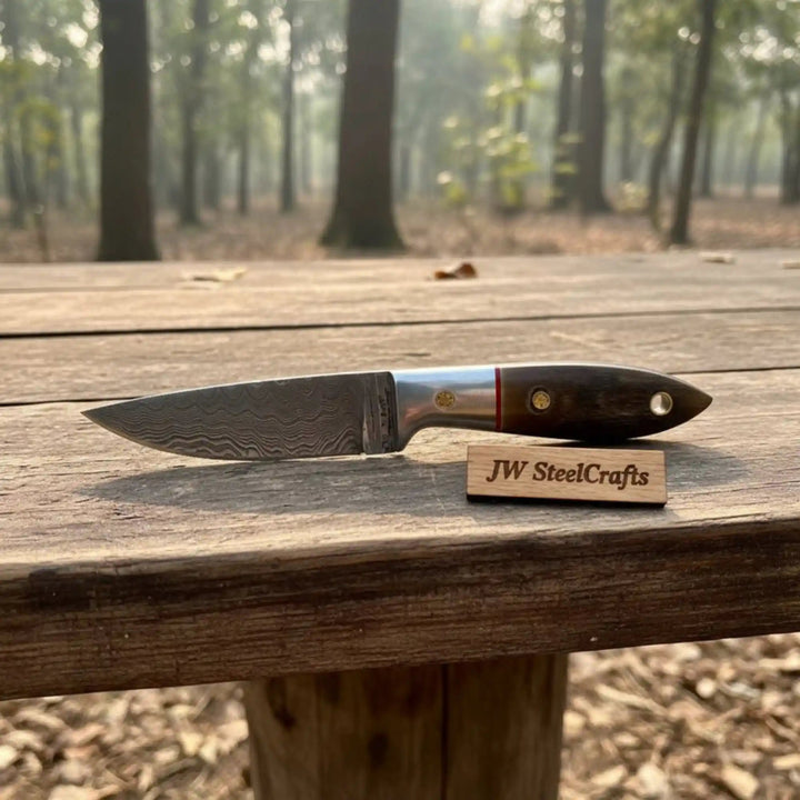 Small Damascus Utility Knife – Rosewood Handle With Leather Sheath handmade Skinner Knife by JW SteelCrafts