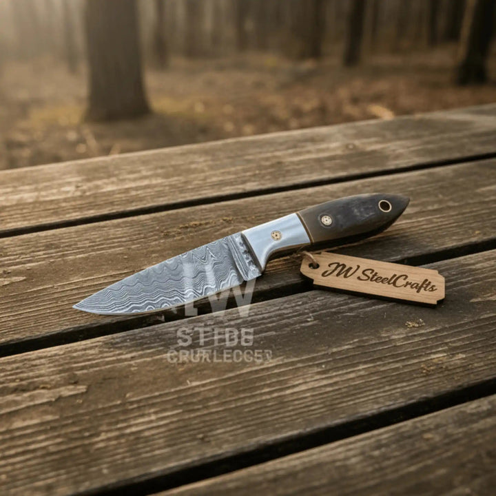 Small Damascus Utility Knife – Rosewood Handle With Leather Sheath handmade Skinner Knife by JW SteelCrafts