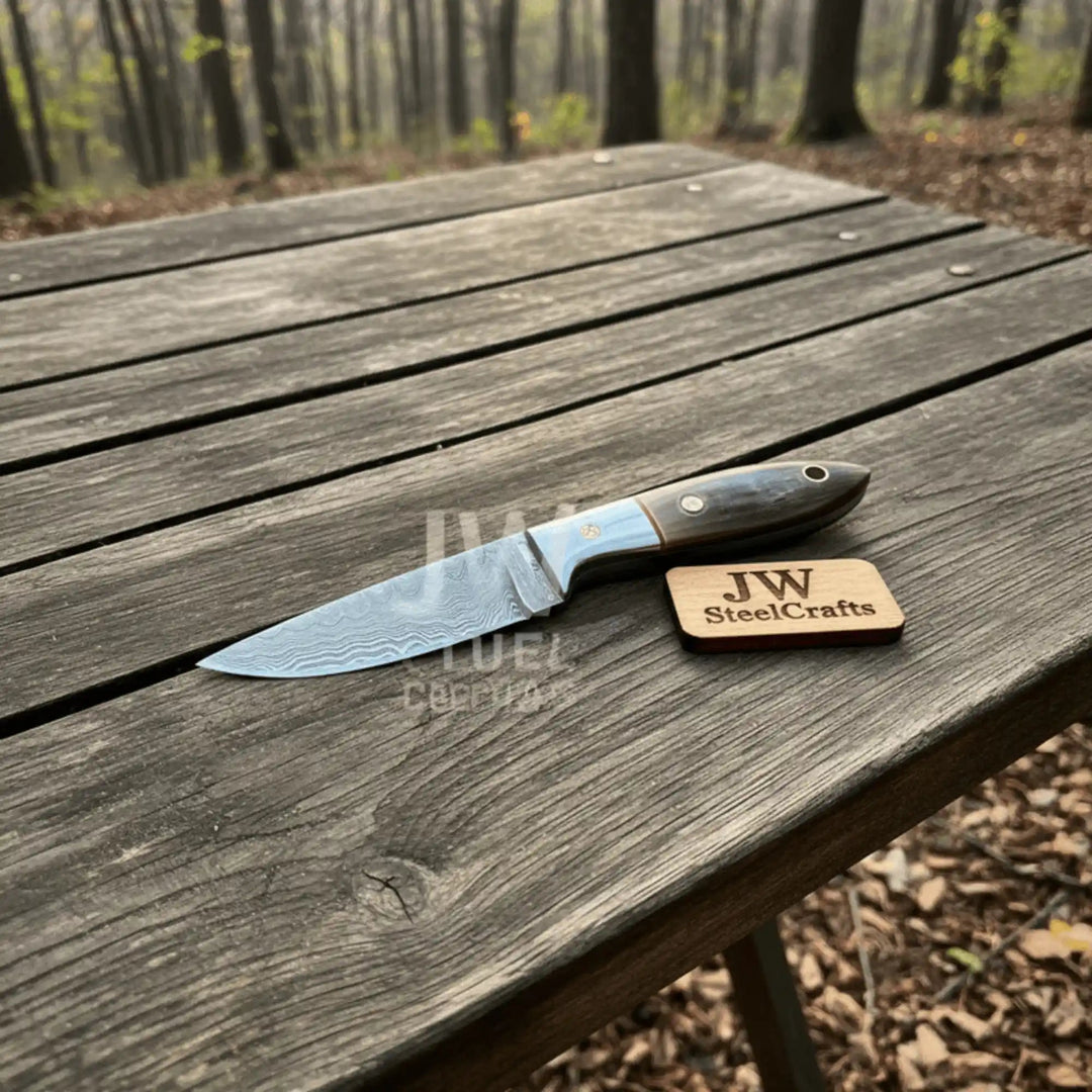 Small Damascus Utility Knife – Rosewood Handle With Leather Sheath handmade Skinner Knife by JW SteelCrafts