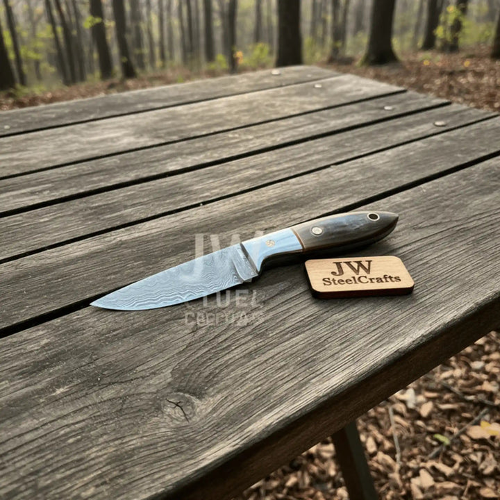 Small Damascus Utility Knife – Rosewood Handle With Leather Sheath handmade Skinner Knife by JW SteelCrafts