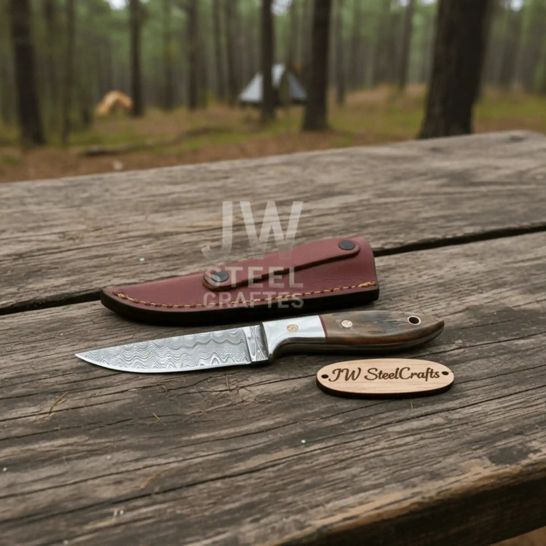 Small Damascus Utility Knife – Rosewood Handle With Leather Sheath handmade Skinner Knife by JW SteelCrafts