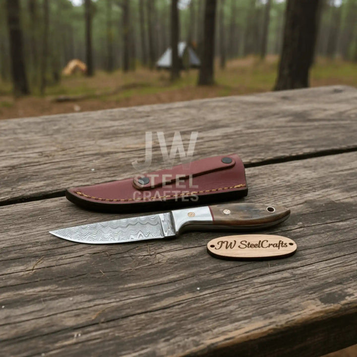 Small Damascus Utility Knife – Rosewood Handle With Leather Sheath handmade Skinner Knife by JW SteelCrafts