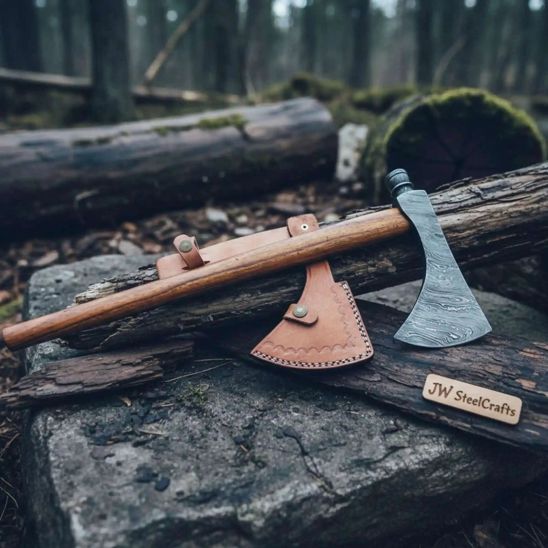     NorthTrail artisan Damascus forest axe with handcrafted leather sheath and durable hardwood grip photographed across rugged woodland logs and stone surfaces