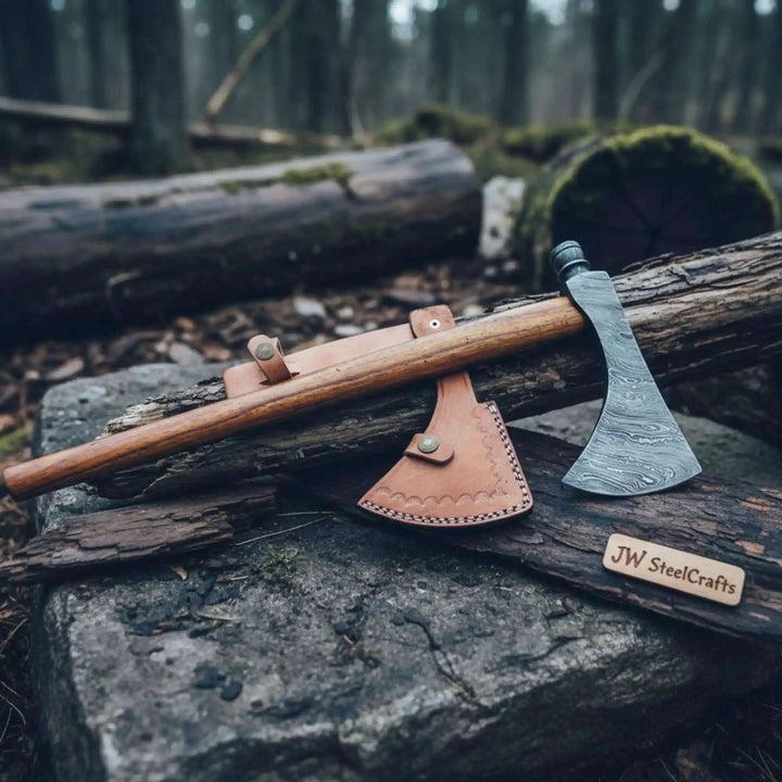     NorthTrail artisan Damascus forest axe with handcrafted leather sheath and durable hardwood grip photographed across rugged woodland logs and stone surfaces