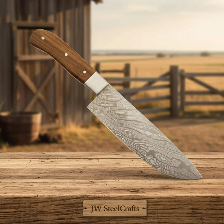 Lone chef knife resting upright on rustic wooden table in warm natural light.