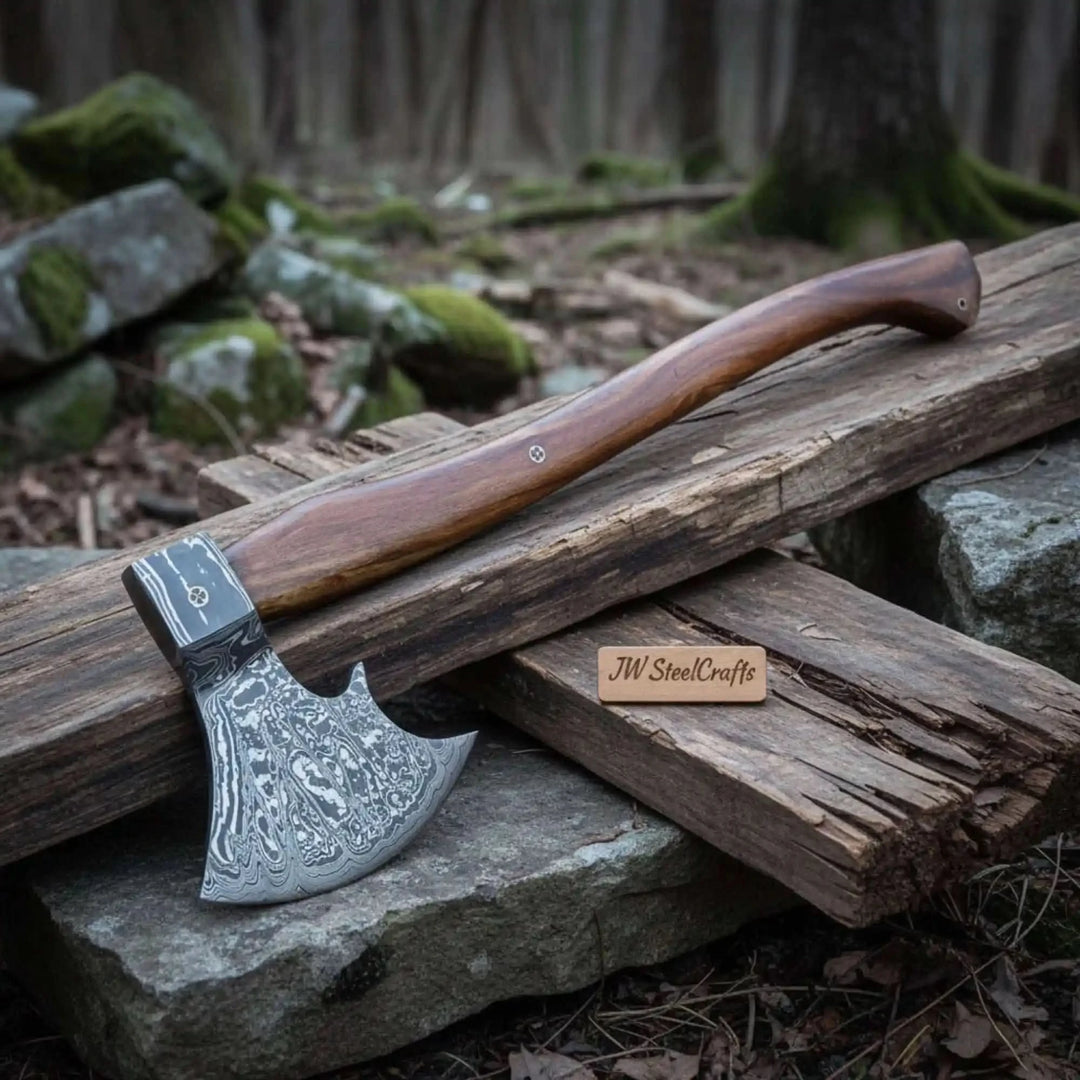     Timberline-themed Viking battle tool featuring polished Damascus blade and rustic forest presentation.