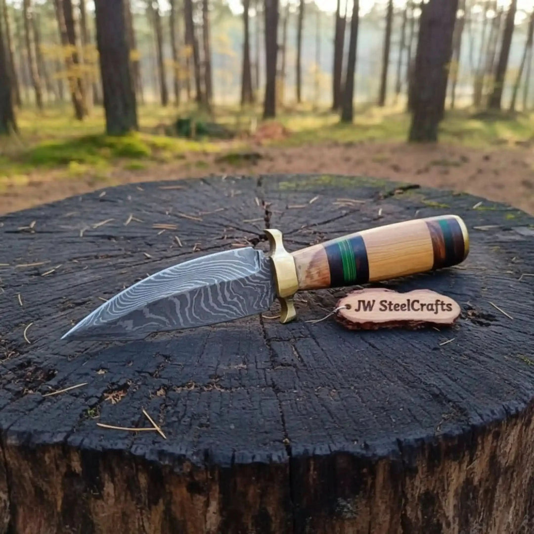 Custom hunting knife with Damascus blade, stacked wood handle, brass guard, and forest tree stump display.