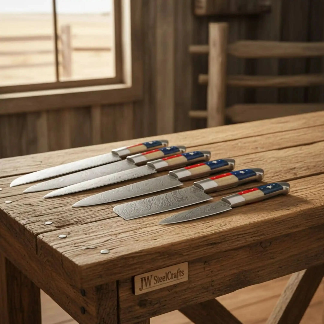 Wooden table patriotic knives display with six kitchen blades and USA themed handles