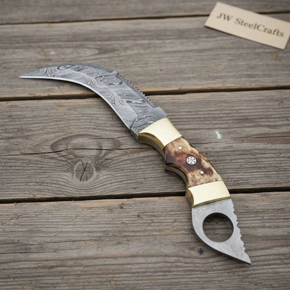 Steel Knife Burned Bone Handle Brass Bolster Replica