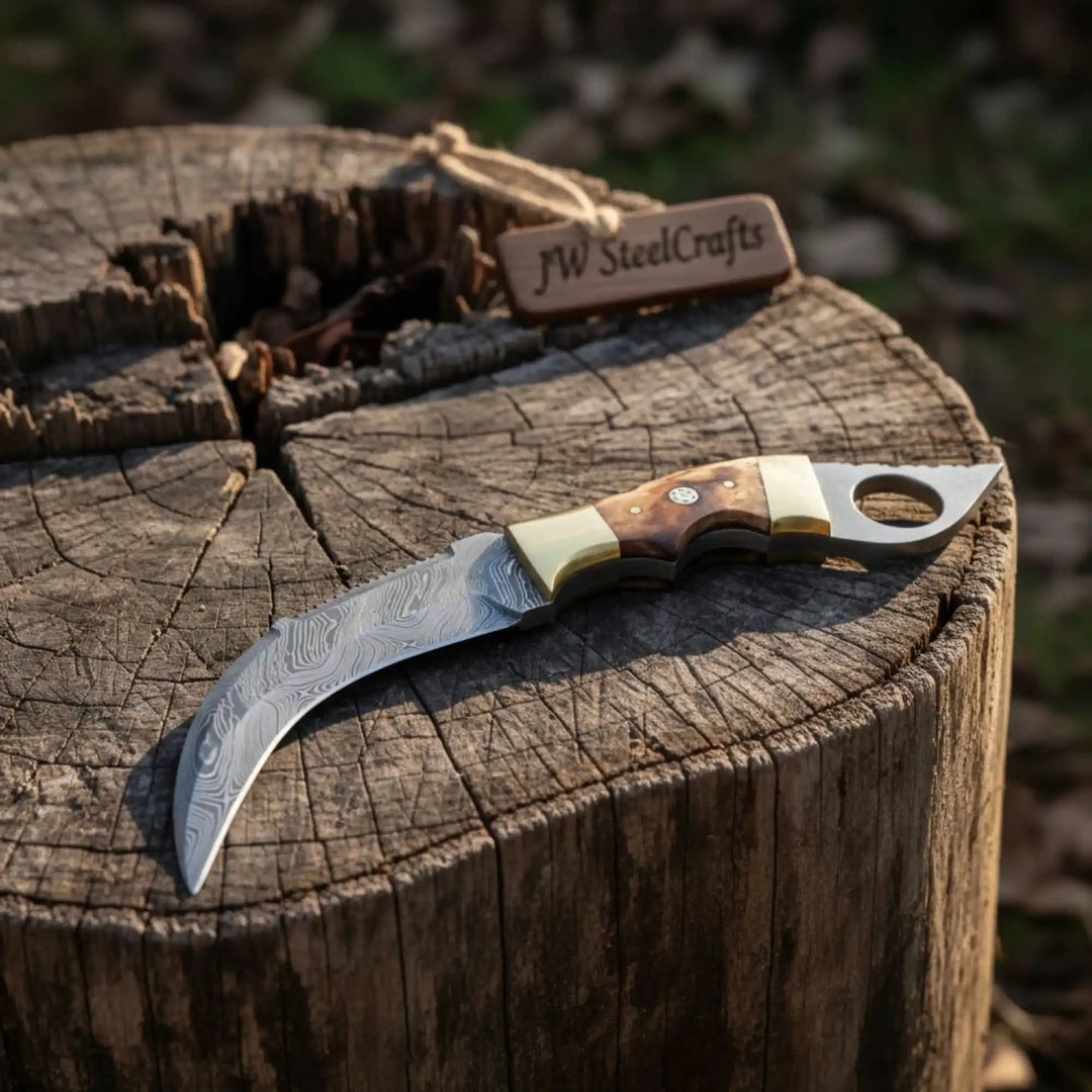 Steel Knife Burned Bone Handle Brass Bolster