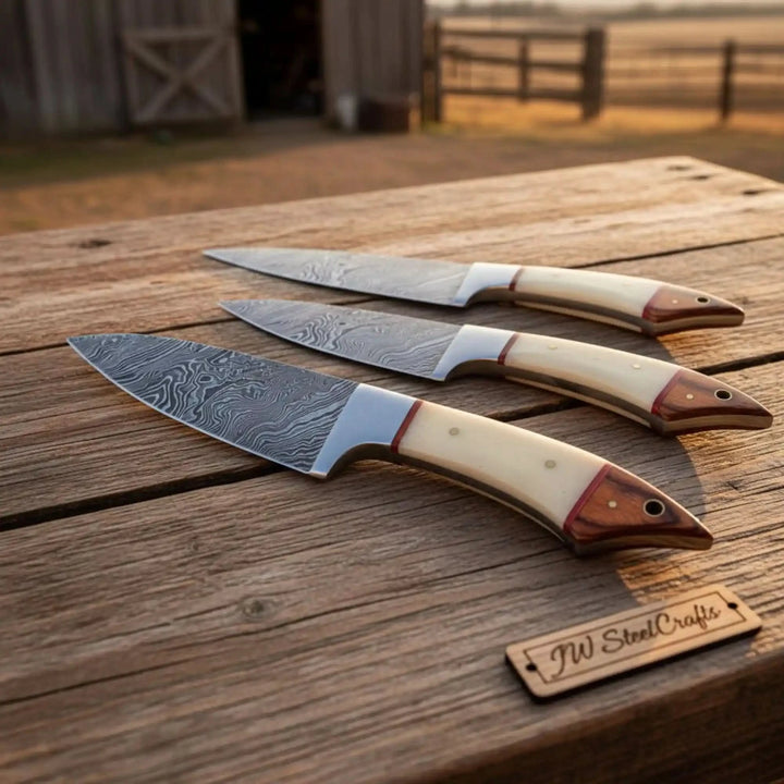 Cream handle Damascus knives arranged on rustic wood with detailed steel grain textures.