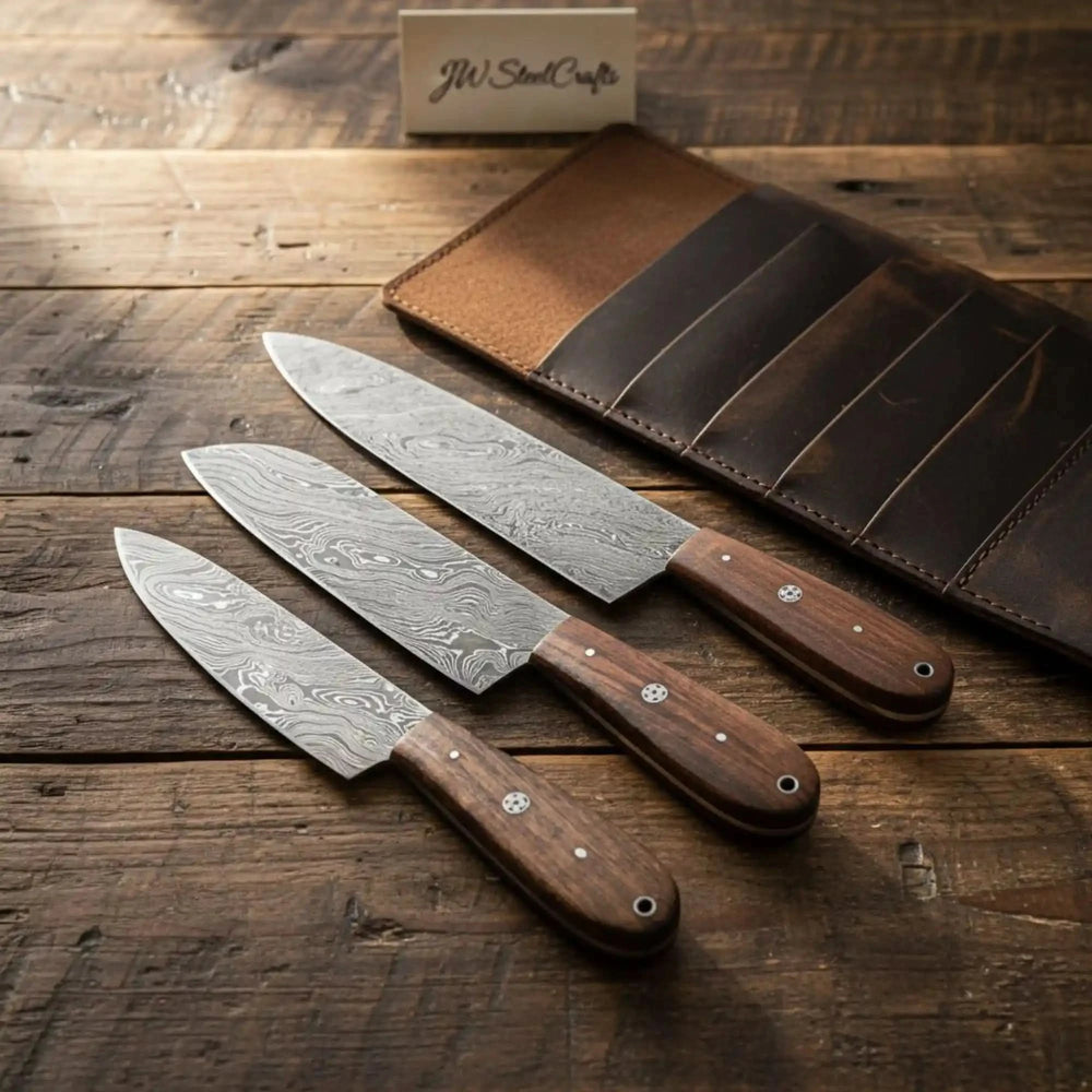 Wood grip Damascus knives with sharp steel blades and smooth ergonomic styling.