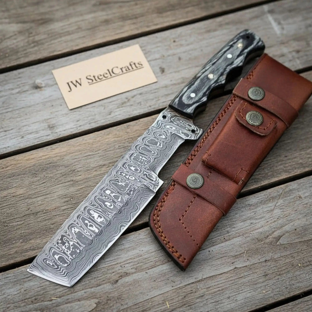 Steel Tracker Knife Leather Sheath Wooden Handle