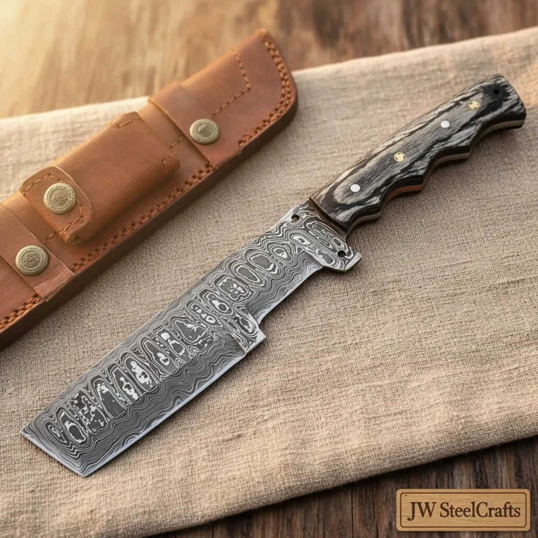 Steel Tracker Knife Leather Sheath Wooden Handle