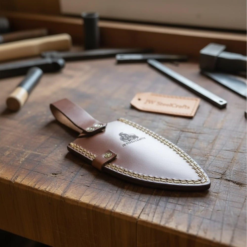 Protective brown leather knife sheath designed for a wide cleaver blade on wooden board