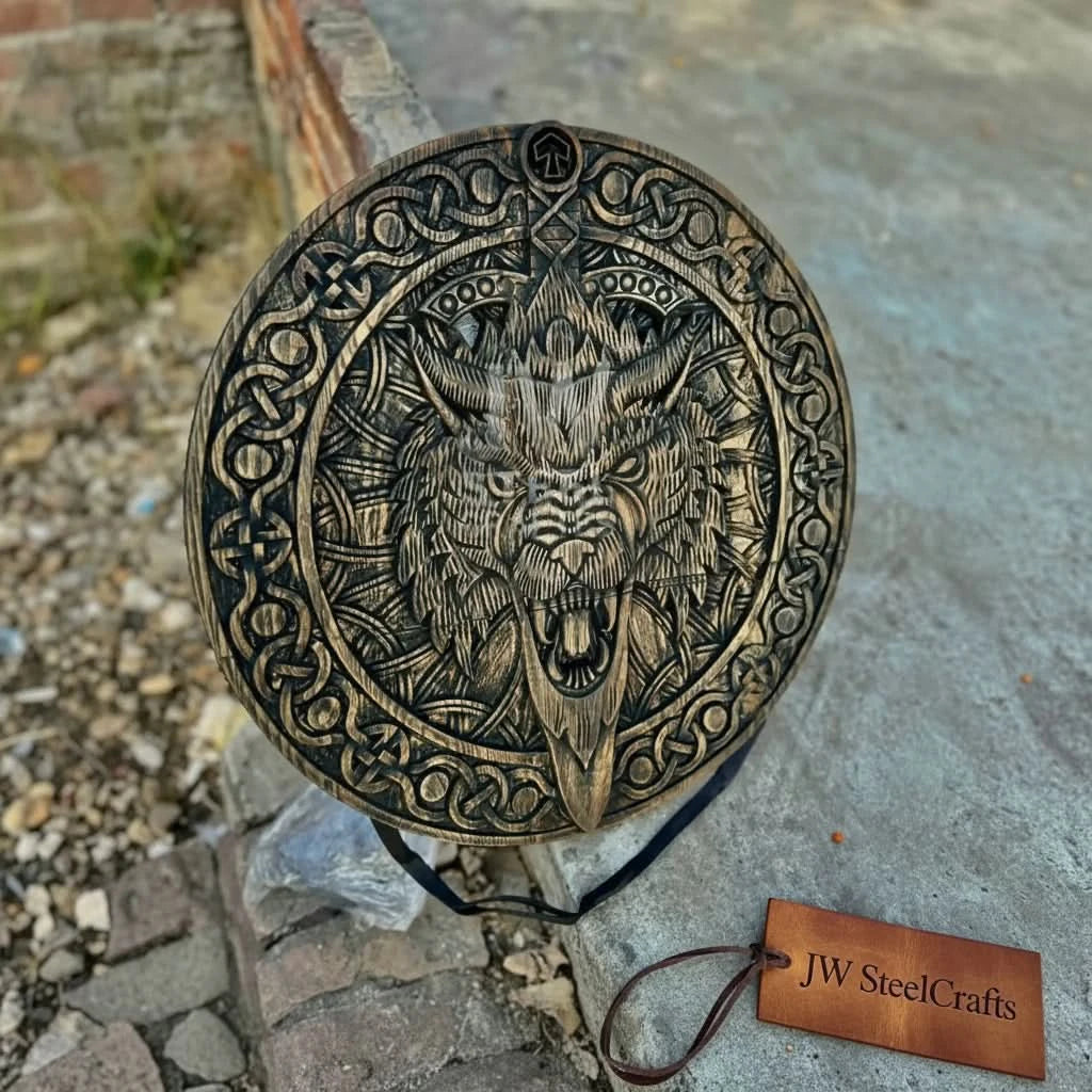 Pinecrest-themed Nordic combat shield with handcrafted wolf face design and detailed carved wood artwork.