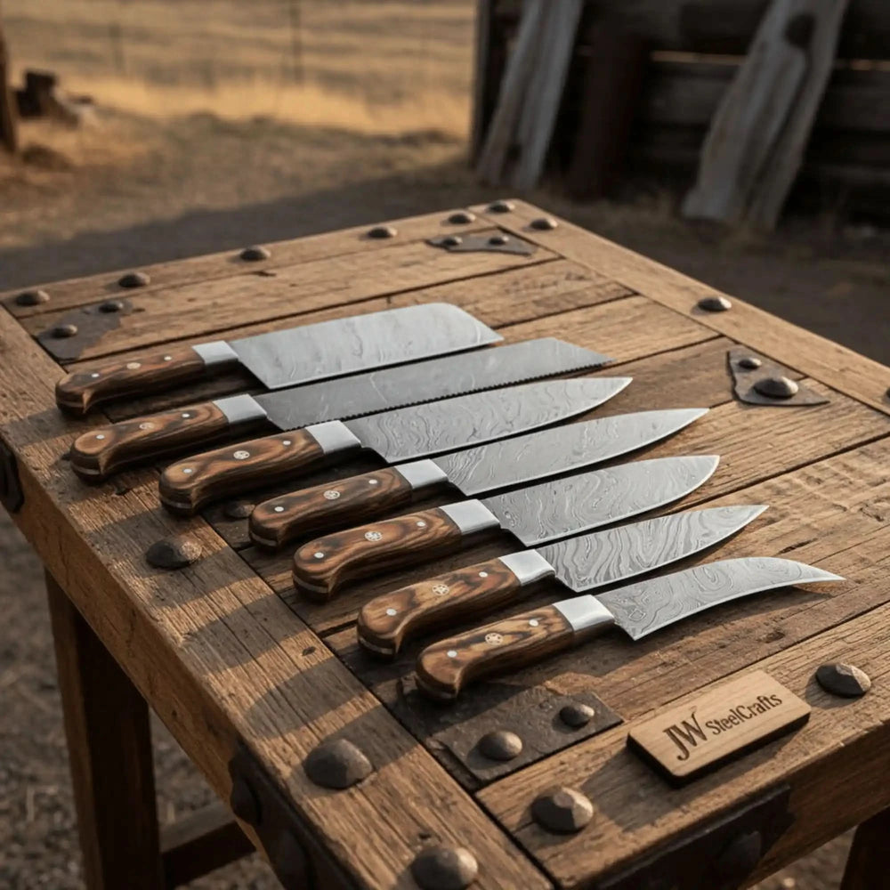 Six piece chef and paring knife arrangement displayed in graduated sizes from large cleaver to compact utility blade.