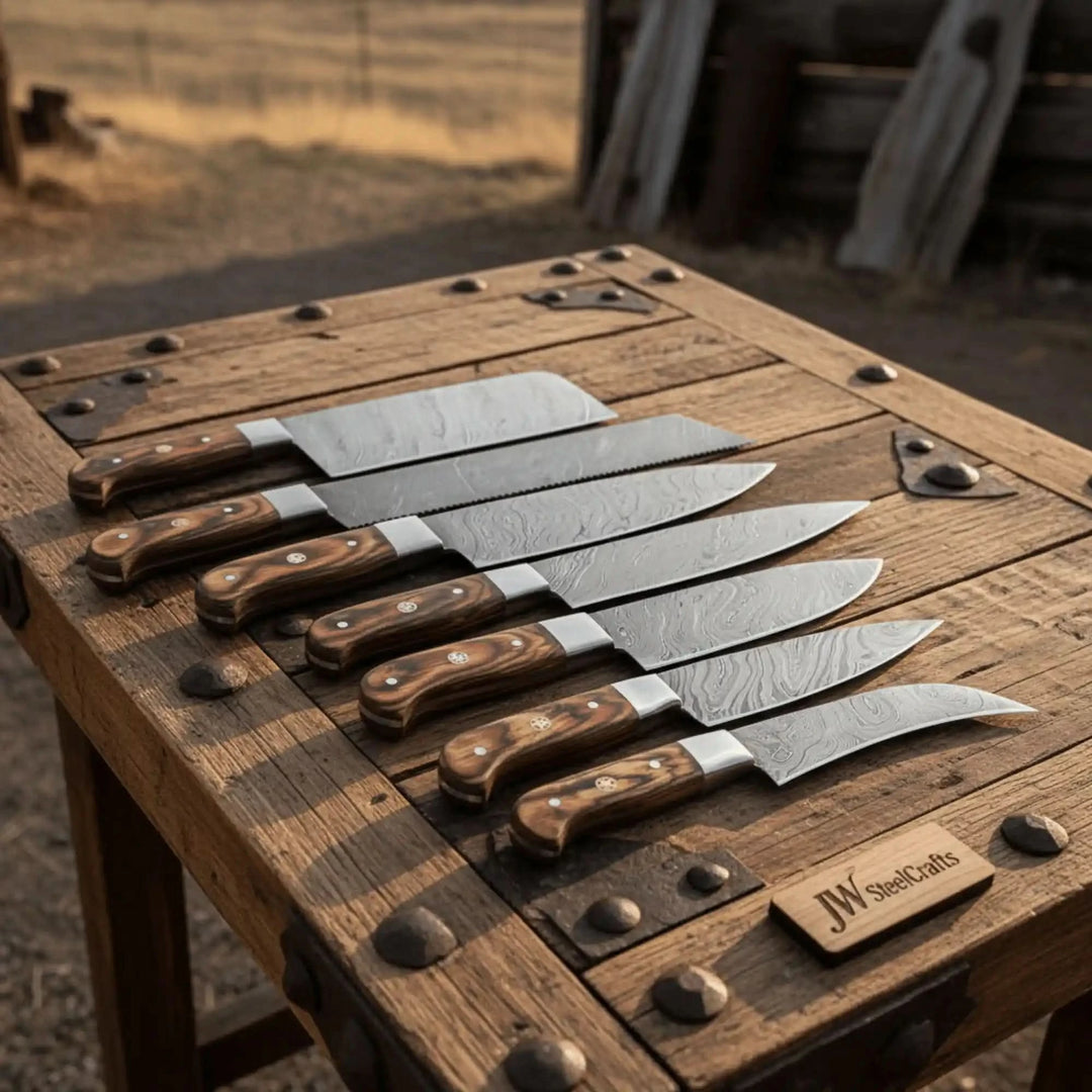 Six piece chef and paring knife arrangement displayed in graduated sizes from large cleaver to compact utility blade.