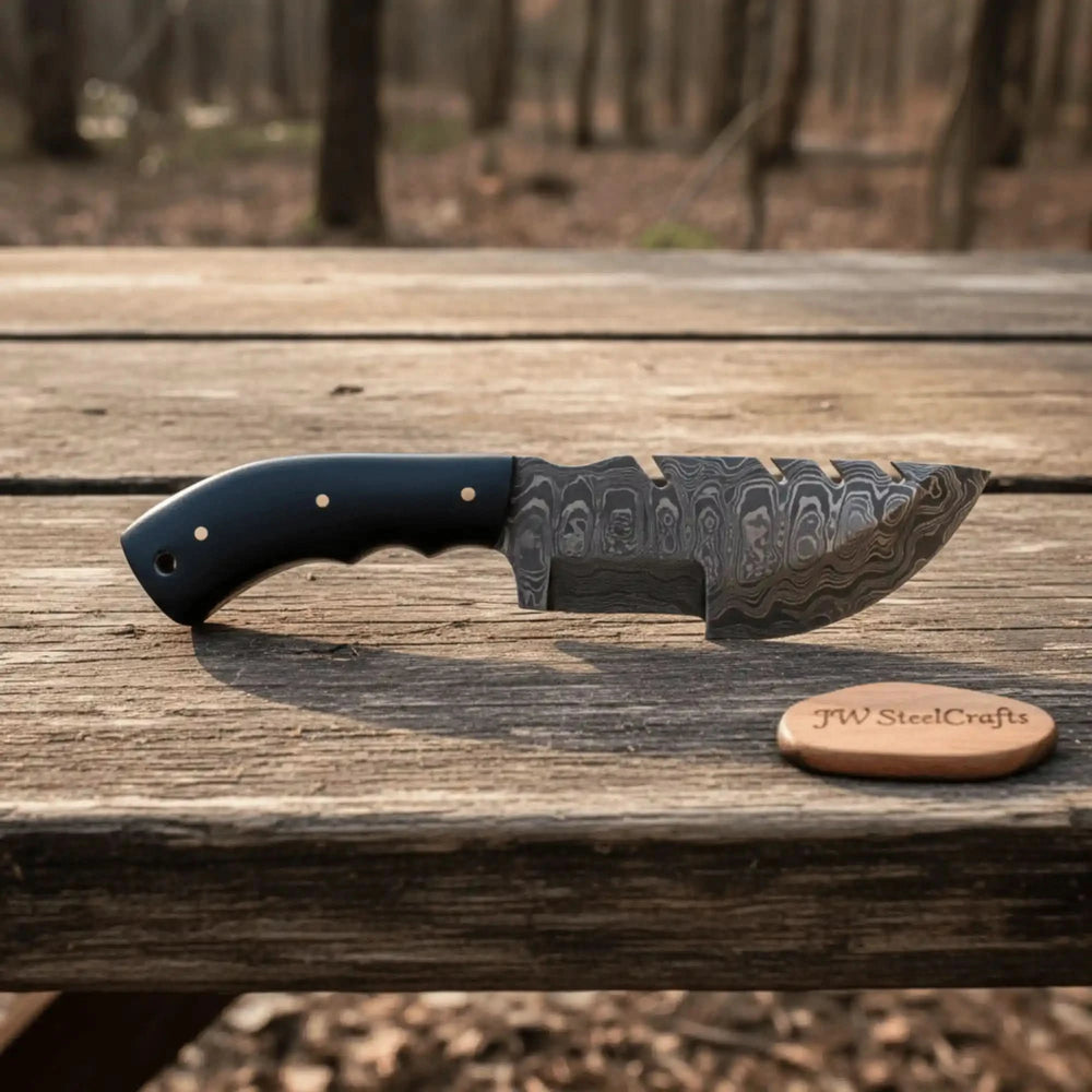 Etched steel cleaver knife product photo showing a sawback blade, black handle, and rustic outdoor stump display.