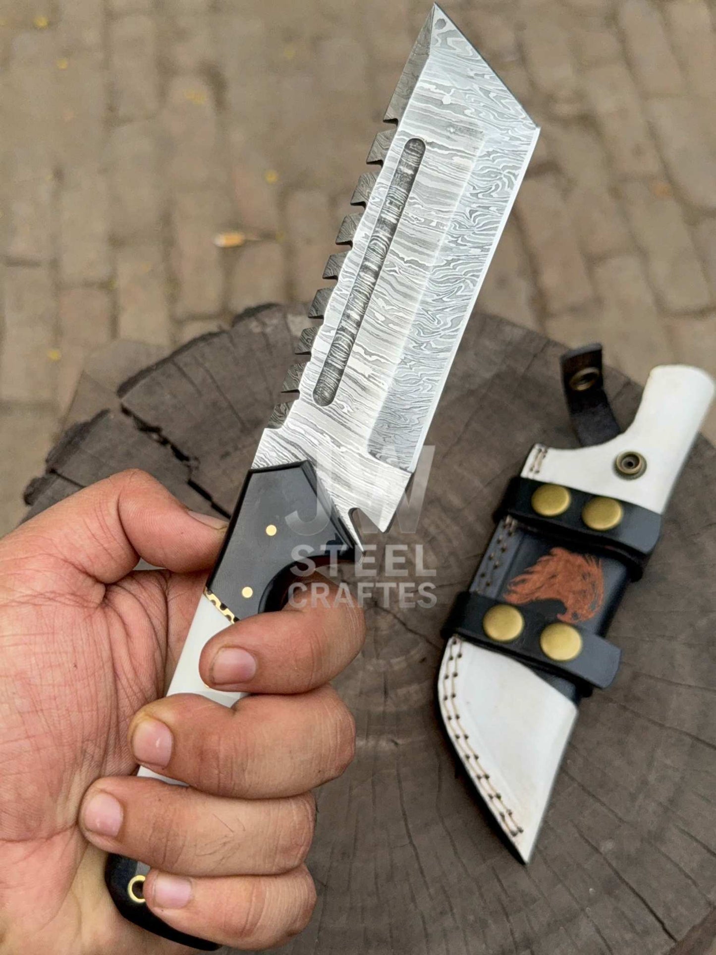 Handmade Damascus Tanto Knife – Black & White Handle with Wolf engraved Leather Sheath