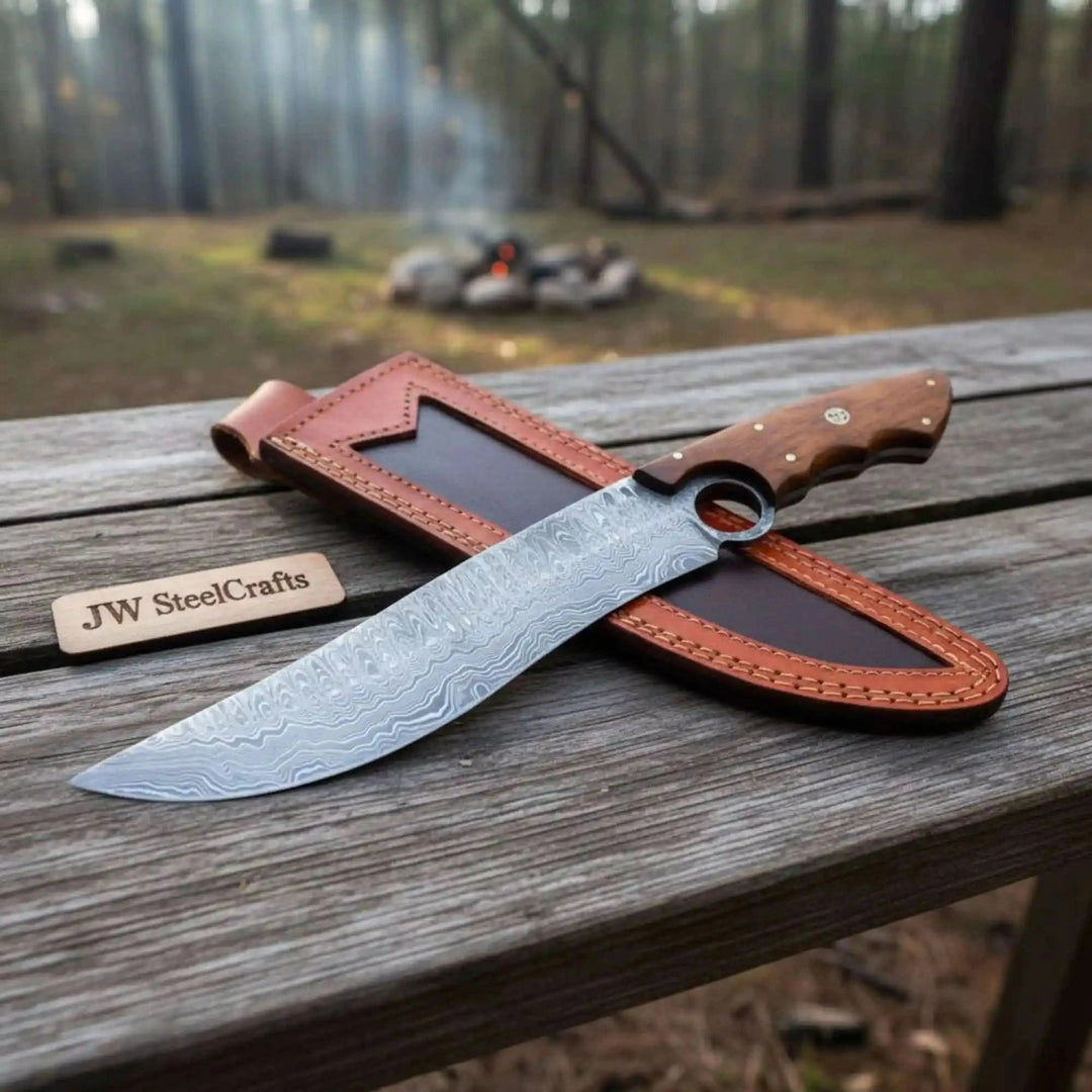     Minimal Damascus camp knife featuring patterned steel blade and ergonomic walnut wood handle