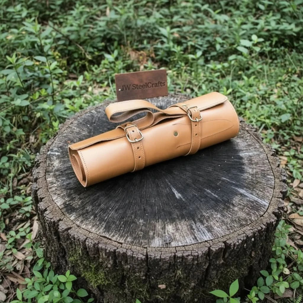 Handcrafted culinary storage wrap featuring rolled compact form and elegant tan leather material finish.
