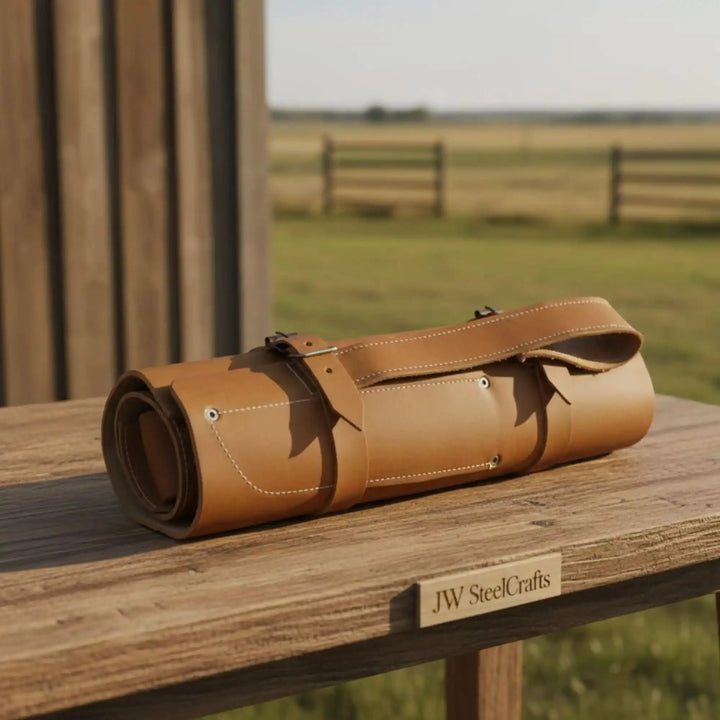 Stitched leather chef roll featuring durable straps and handcrafted rustic appearance.