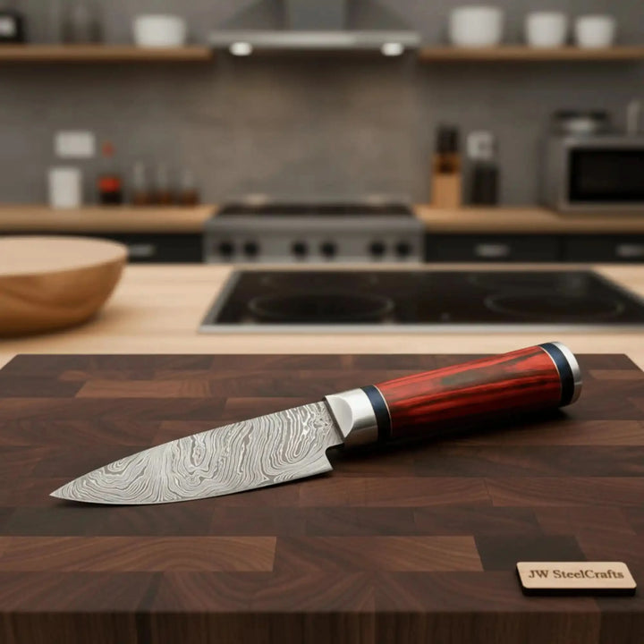 Bold redwood Damascus hunting blade shown with a stamped leather sheath and inset detail